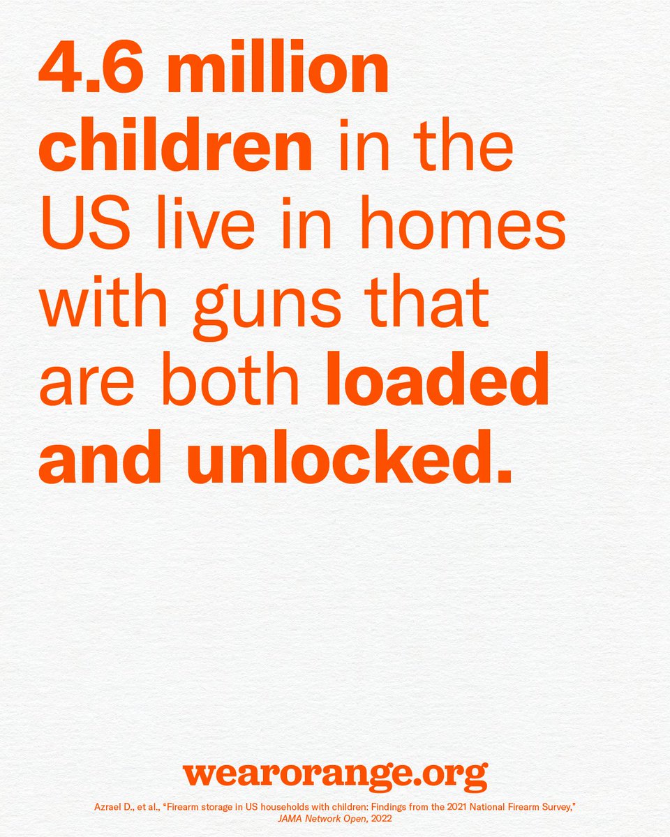 Everytown's tweet image. Every year, nearly 360 children unintentionally shoot themselves or someone else after gaining access to unsecured guns. These aren’t accidents. Secure gun storage can save lives. #WearOrange