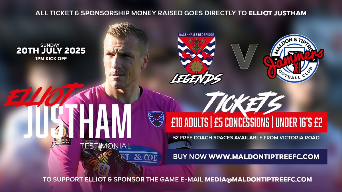 Celebrate a club legend! ⚔️

Elliot Justham Dagger’s team takes on a Jammers XI side on July 20th at Maldon &amp; Tiptree FC 🏟️

With every penny raised supporting Elliot’s testimonial year fund 💙🍓 

🎟️ Secure your ticket now 👉 tinyurl.com/yc23u87s