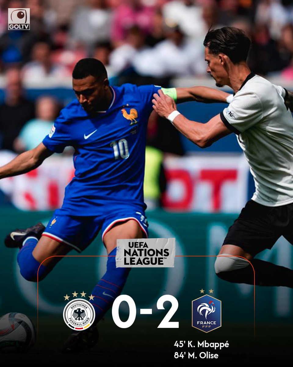 GOLTV (@goltv) on Twitter photo 🚨 Francia 🇫🇷 venció a Alemania 🇩🇪 por 2-0 y ganó el tercer puesto de la UEFA Nations League 🏆
Es la primera vez que el equipo galo alcanza este puesto tras haber sido campeón de la edición 2020/21 ⚽️
⚽️ 45' K. Mbappé (F)
⚽️ 84' M. Olise (F)
#ResultadosGOLTV
📸 <a href="/FrenchTeam/">French Team ⭐⭐</a> 🚨 Francia 🇫🇷 venció a Alemania 🇩🇪 por 2-0 y ganó el tercer puesto de la UEFA Nations League 🏆
Es la primera vez que el equipo galo alcanza este puesto tras haber sido campeón de la edición 2020/21 ⚽️
⚽️ 45' K. Mbappé (F)
⚽️ 84' M. Olise (F)
#ResultadosGOLTV
📸 <a href="/FrenchTeam/">French Team ⭐⭐</a>