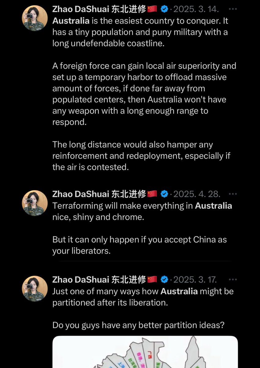 “Look at these NAFOids already dreaming of another next war, but I am totally entitled to dreaming about conquering Australia, an idea of which will never come into fruition when we couldn’t yet even annex Taiwan”