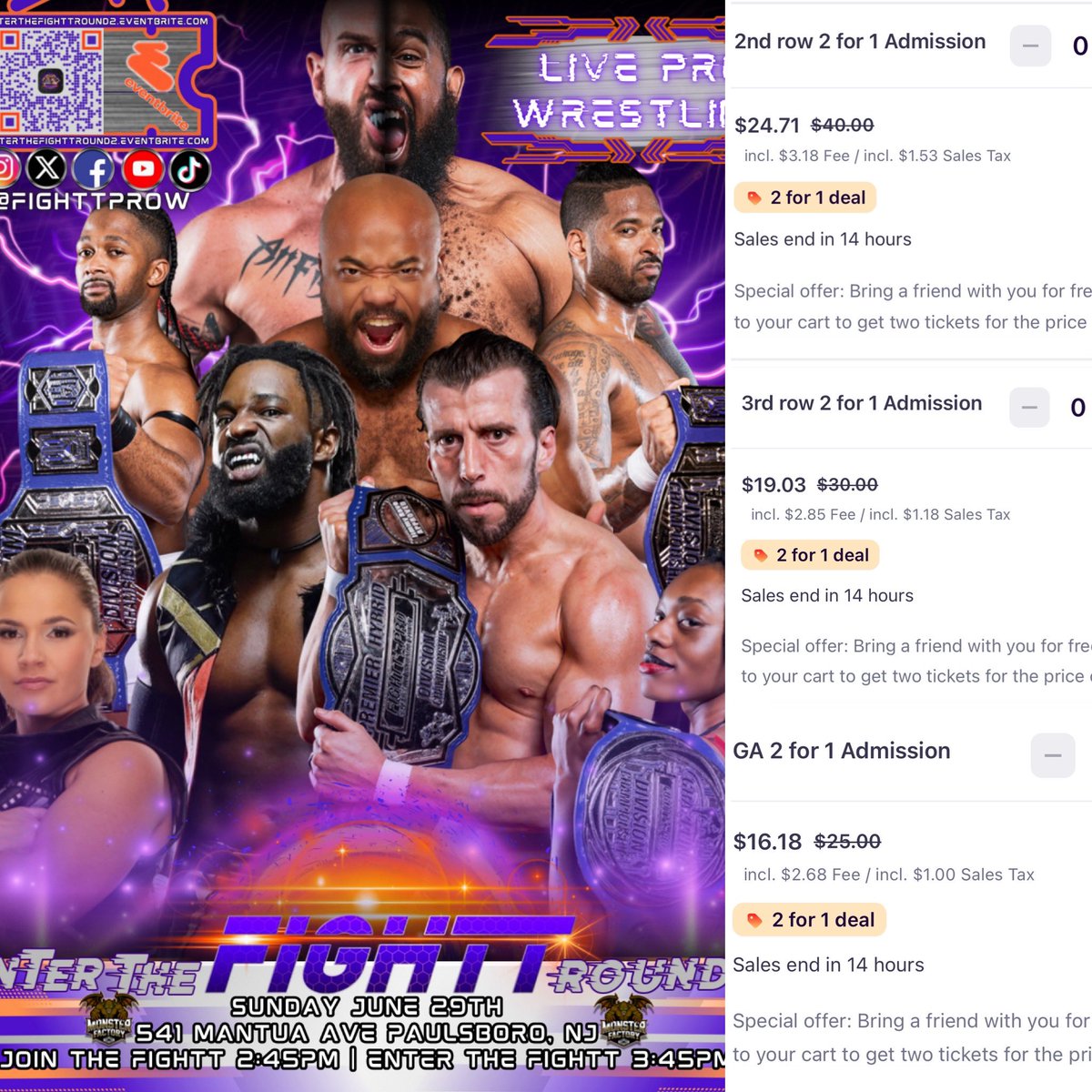 FIGHTT PRO (@fighttprow) on Twitter photo Two ποΈβs for the Price of 1!!!
enterthefighttround2.eventbrite.com
Offer ends at midnight Join The FIGHTT Sunday June 29th in Paulsboro NJ
This card is stacked
<a href="/RhettTitusANX/">The Professional π</a> v <a href="/CedricAlexander/">PRYME Alexander</a>
<a href="/TheGiaScott/">β¨πΎππππ π²πππβ¨</a> v <a href="/LegitLeyla/">Legit Leyla Hirsch</a>
The TonΔyβs v The Factory
<a href="/RealSavageGent/">Savage Gentleman Victor Benjamin</a> v <a href="/ProlificMoses/">Moses</a> Two ποΈβs for the Price of 1!!!
enterthefighttround2.eventbrite.com
Offer ends at midnight Join The FIGHTT Sunday June 29th in Paulsboro NJ
This card is stacked
<a href="/RhettTitusANX/">The Professional π</a> v <a href="/CedricAlexander/">PRYME Alexander</a>
<a href="/TheGiaScott/">β¨πΎππππ π²πππβ¨</a> v <a href="/LegitLeyla/">Legit Leyla Hirsch</a>
The TonΔyβs v The Factory
<a href="/RealSavageGent/">Savage Gentleman Victor Benjamin</a> v <a href="/ProlificMoses/">Moses</a>
