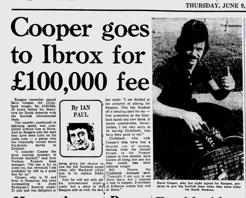 RangersFACTS's tweet image. 🗓 8th June 1977

Davie Cooper signs for the club he loved today in 1977 from Clydebank.

🚢 ‘The most expensive product from Clydebank since Cunard Line accepted delivery of QE2.’ -Daily Record

📰 Cooper goes to Ibrox for £100,00