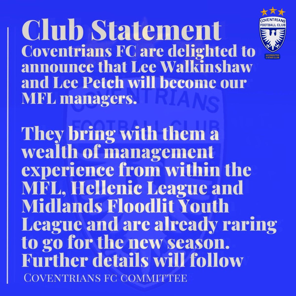 Coventrians FC (@coventriansfc) on Twitter photo ANNOUNCEMENT
Following a rigorous selection process - we are delighted to announce that <a href="/leepetch79/">Lee Petch</a> and <a href="/leewalkinshaw17/">Lee Walkinshaw (Boots)</a> will become our joint managers for our <a href="/MidlandLeague/">Capelli Sport Midland Football League</a> team.
More information about back room staff, open trials and preseason to follow.
Welcome on board ANNOUNCEMENT
Following a rigorous selection process - we are delighted to announce that <a href="/leepetch79/">Lee Petch</a> and <a href="/leewalkinshaw17/">Lee Walkinshaw (Boots)</a> will become our joint managers for our <a href="/MidlandLeague/">Capelli Sport Midland Football League</a> team.
More information about back room staff, open trials and preseason to follow.
Welcome on board