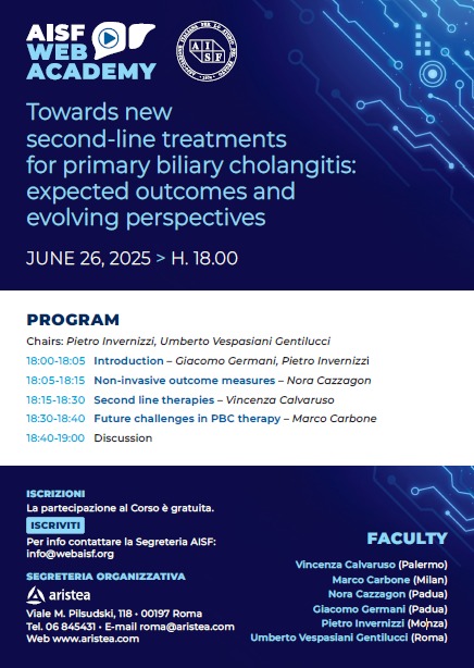 AisfFegato's tweet photo. 📢 Pronto il nuovo progetto AISF WEB ACADEMY.
Il primo webinar “Towards new second-line treatments for primary biliary cholangitis: expected outcomes and evolving perspectives” sarà il 26 giugno alle 18.

Di seguito programma e link di registrazione.

https://t.co/UBF3zUyVzU https://t.co/1fVw5QwHSb