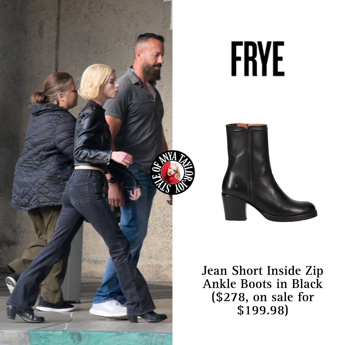 Anya Taylor-Joy on the set of ‘LUCKY’, 06/05/25, wearing:

- <a href="/DIESEL/">Diesel</a> G-Lobe Cropped Distressed Biker Jacket in Black ($475)
- <a href="/Topshop/">Topshop</a> Hourglass Kort High Rise Straight Jean in Washed Black ($78)
- <a href="/TheFryeCompany/">The Frye Company</a> Jean Short Inside Zip Ankle Boots in Black (on sale for $199.98)