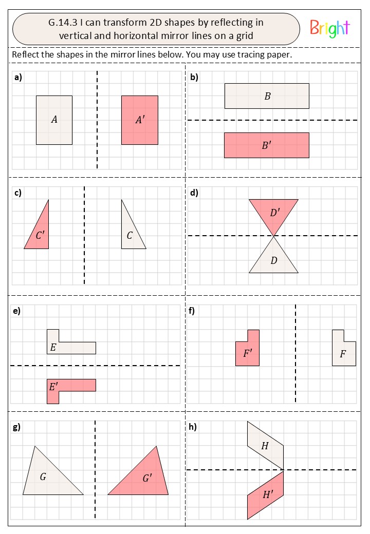 ✨New worksheet✨
This worksheet is on reflecting shapes in horizontal and vertical mirror lines. 
8 simple questions using a range of shapes, some mirror lines that are off centre, and some shapes with a vertex on the mirror line.
Bright-Maths.co.uk/GeometryandMea…
