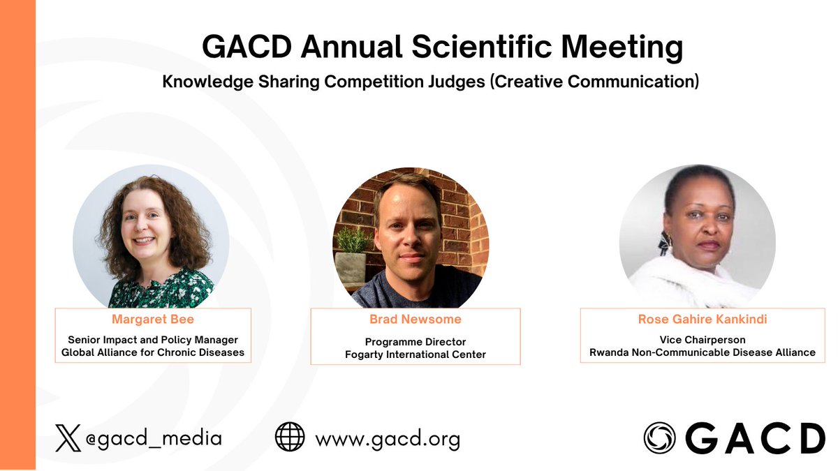 Global Alliance for Chronic Diseases (GACD) (@gacd_media) on Twitter photo The countdown is nearly over! Tomorrow, #GACDASM2025 begins in Kigali.
Meet the judges for our Creative Communication stream:
🧠 <a href="/Margaret_H_Bee/">Margaret Bee</a>
🌍 Brad Newsome
🎙️ Gahire Rose
Celebrating standout science storytelling. More information here: gacd.org/research/resea…
#GACD The countdown is nearly over! Tomorrow, #GACDASM2025 begins in Kigali.
Meet the judges for our Creative Communication stream:
🧠 <a href="/Margaret_H_Bee/">Margaret Bee</a>
🌍 Brad Newsome
🎙️ Gahire Rose
Celebrating standout science storytelling. More information here: gacd.org/research/resea…
#GACD
