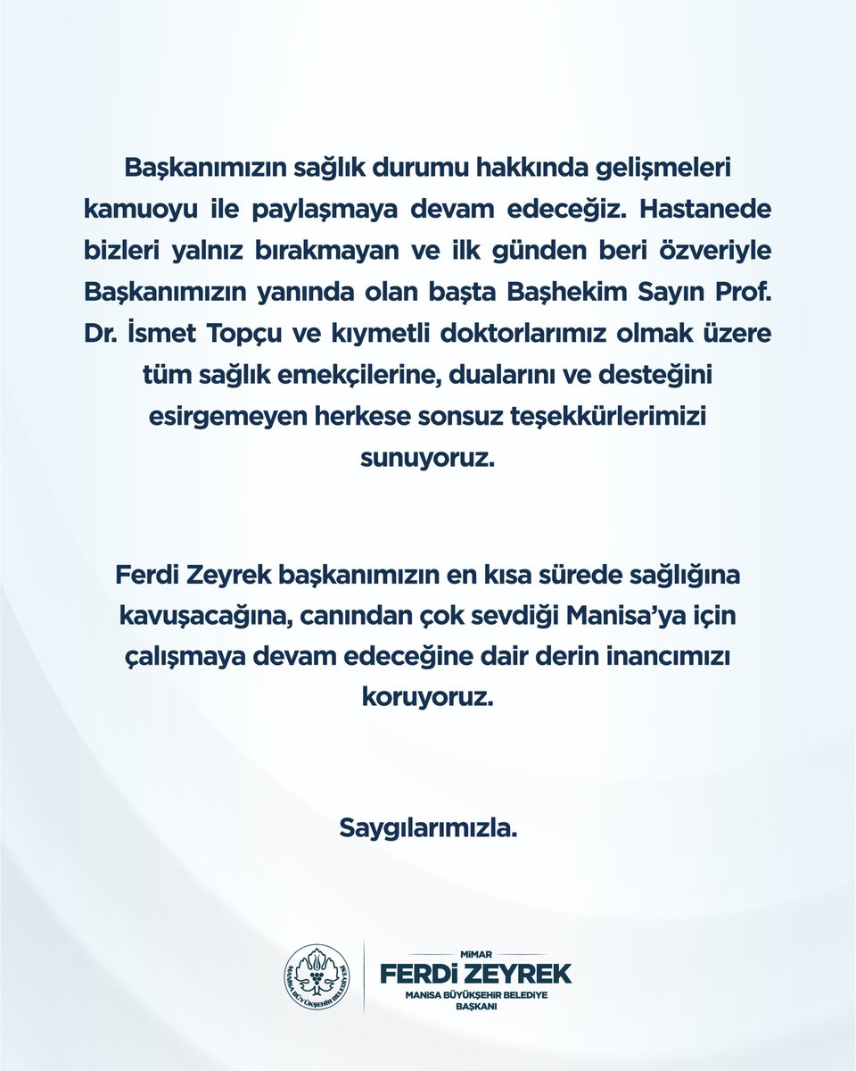 Başkanımız Sayın Mimar Ferdi Zeyrek'in sağlık durumu hakkında kamuoyuna duyuru.