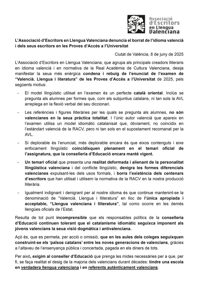L’Associació d’Escritors en Llengua Valenciana denuncia el borrat de l’idioma valencià i dels seus escritors en les Proves d’Accés a l’Universitat

Llig en la nostra web el comunicat: 

👉aellva.org/content/comuni…

#LlenguaValenciana 
#ElValenciàÉsLlengua  
#ElValenciàSEscriu