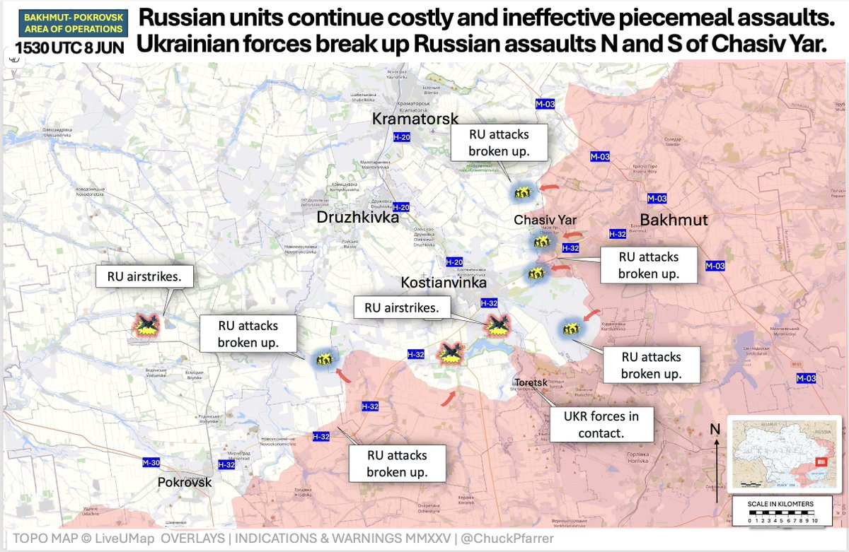 BAKHMUT- POKROVSK AO /1530 UTC 8 JUN/ Russian units continue costly and ineffective piecemeal assaults. Ukrainian forces break up Russian assaults N and S of Chasiv Yar.
