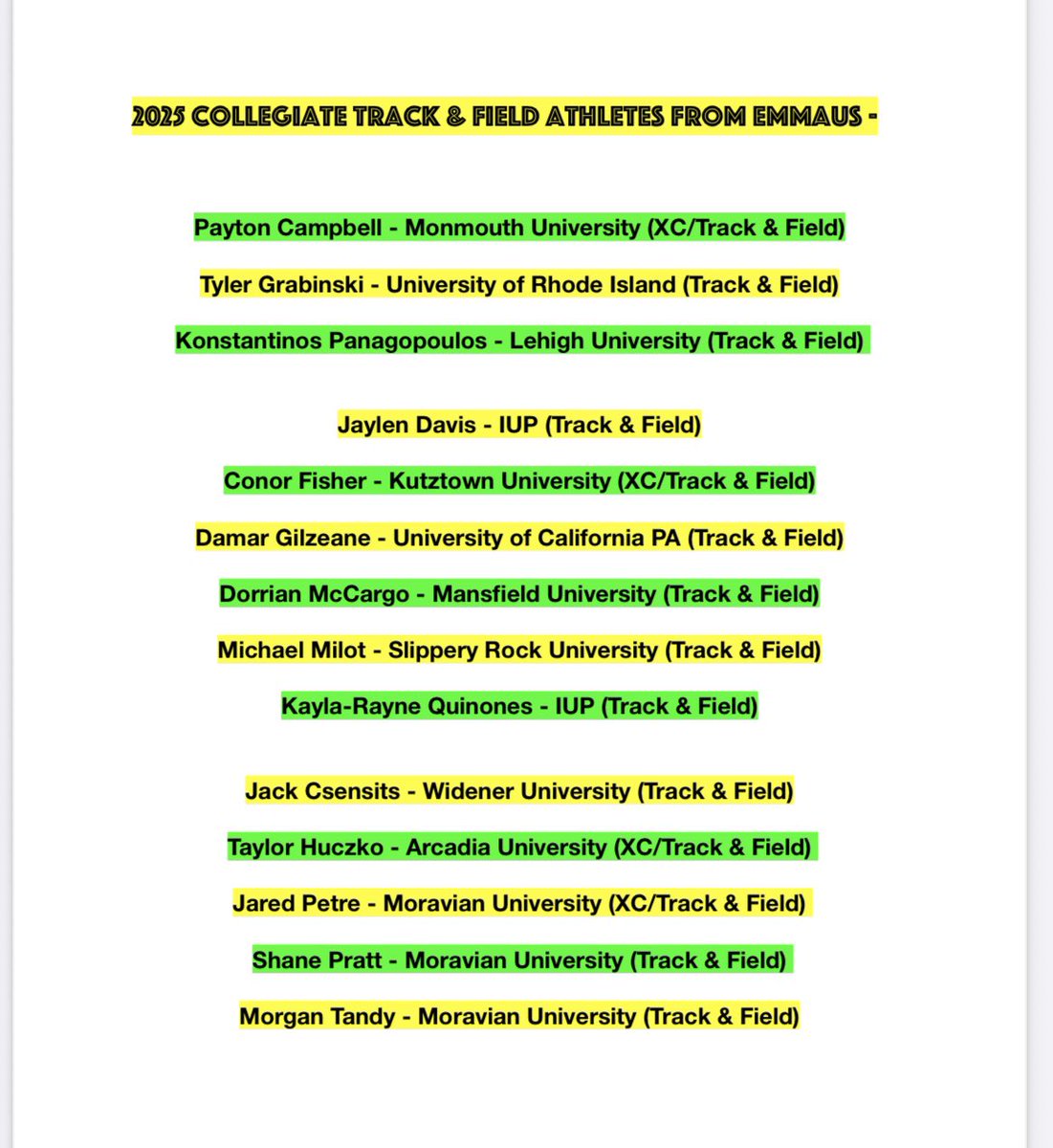 Emmaus High School XC/Track & Field (@emmausxctf) on Twitter photo Congratulations to all EHS Seniors on your graduation day, and to our own XC/TF senior athletes!!! We look forward to following your future successes, including the following 14 Emmaus seniors who committed to continuing their athletic Track & Field career in college!!! 🐝 Congratulations to all EHS Seniors on your graduation day, and to our own XC/TF senior athletes!!! We look forward to following your future successes, including the following 14 Emmaus seniors who committed to continuing their athletic Track & Field career in college!!! 🐝