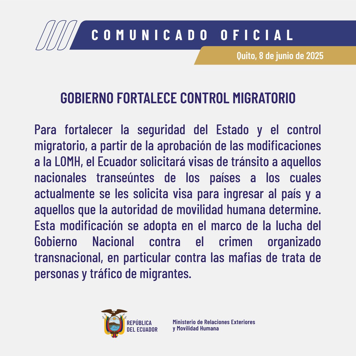CancilleriaEc's tweet photo. Comunicado | Gobierno fortalece control migratorio. https://t.co/CYJksYv4O0