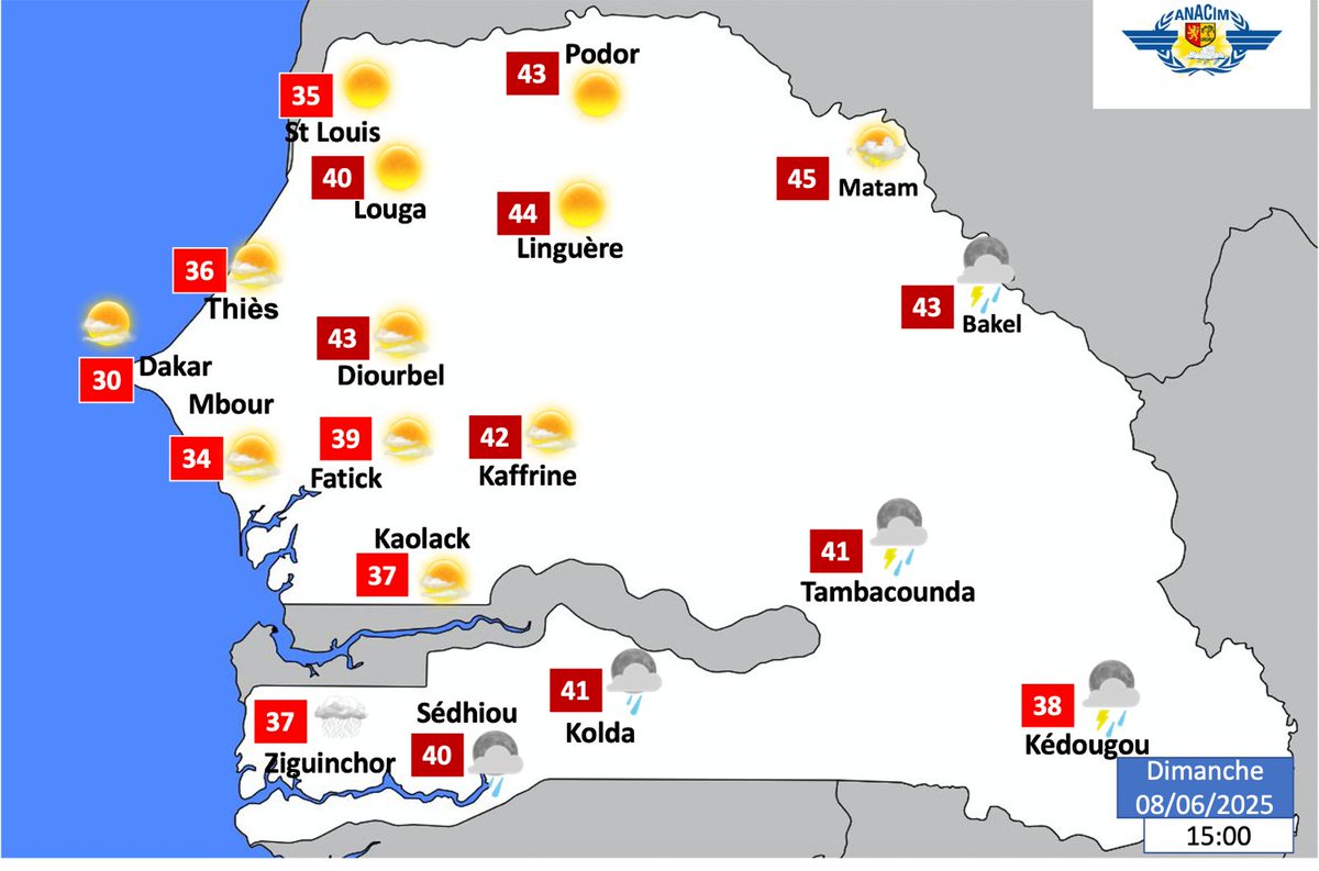 meteosenegal's tweet image. 🇸🇳 #MÉTÉO – (08/06 → 09/06) 🌦
🚨#Orages et #pluie en vue ce soir sur Kédougou et Tamba ⛈️ 

🌧️ Pluie possible sur la Casamance 
🔥 #Chaleur marquée partout.

✅ Conseils : Mettez-vous à l’ombre 🌳 | Hydratez-vous très souvent 💧