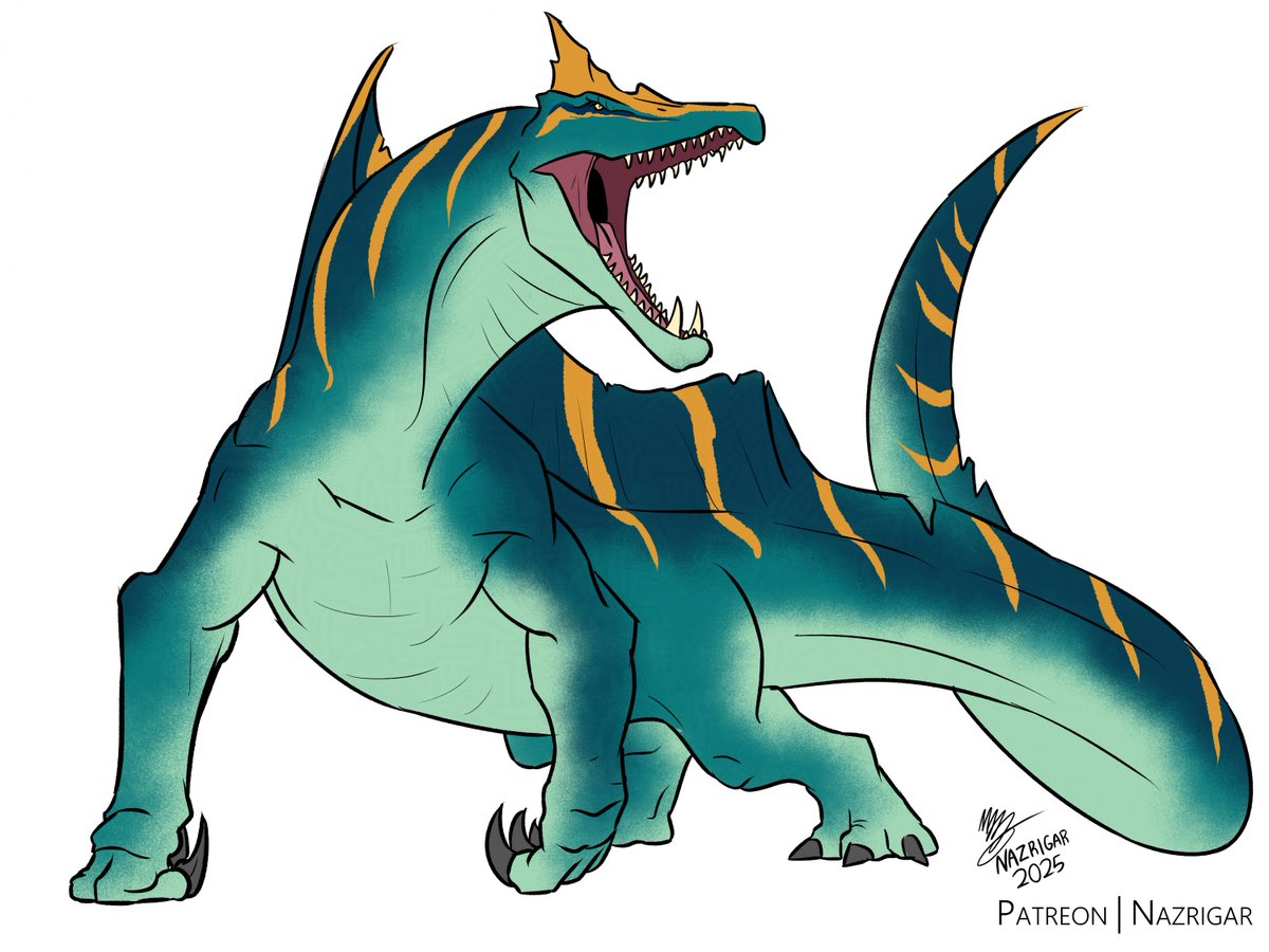 A3Dnazrigar's tweet image. First reward o&apos; the month, a Dire Spinosaurus for my Beast Fables setting! A greedy thing, that hoarded everything from shines made from primeval epoch humans to dragon bones. Befitting its massive size, it hunted other aquatic dire beasts.

#worldbuilding #spinosaurus
