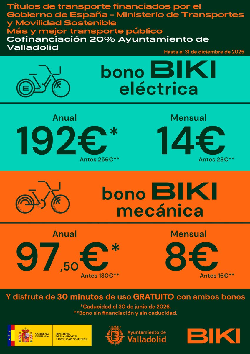 BIKI (@bikivll) on Twitter photo 🚲 Entramos en el mes de julio y seguimos con el 50% de descuento en todos los bonos.
*️⃣ Bonos anuales válidos hasta el 30 de junio de 2026.
✅ Financiados por el Gobierno de España <a href="/transportesgob/">Ministerio Transportes y Movilidad Sostenible</a> y cofinanciados al 20% por el <a href="/AyuntamientoVLL/">Ayto. de Valladolid</a> 🚲 Entramos en el mes de julio y seguimos con el 50% de descuento en todos los bonos.
*️⃣ Bonos anuales válidos hasta el 30 de junio de 2026.
✅ Financiados por el Gobierno de España <a href="/transportesgob/">Ministerio Transportes y Movilidad Sostenible</a> y cofinanciados al 20% por el <a href="/AyuntamientoVLL/">Ayto. de Valladolid</a>