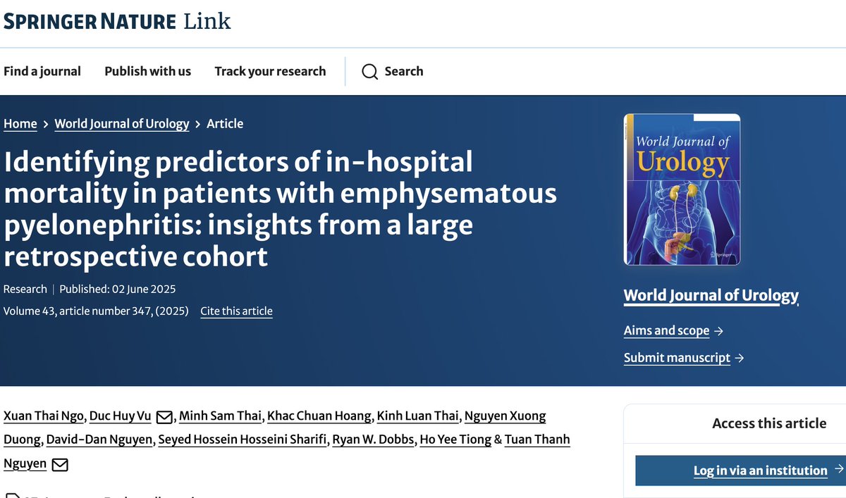 Tuan Thanh Nguyen (@tuannguyenuro) on Twitter photo ๐จ Proud to share our new study on emphysematous pyelonephritis (EP) just published in the World Journal of Urology! ๐งช๐
We identified key mortality predictors to guide early risk stratification. ๐ก
๐ link.springer.com/article/10.100โฆ
#Urology #KidneyInfection #Research #GlobalCollab ๐ ๐จ Proud to share our new study on emphysematous pyelonephritis (EP) just published in the World Journal of Urology! ๐งช๐
We identified key mortality predictors to guide early risk stratification. ๐ก
๐ link.springer.com/article/10.100โฆ
#Urology #KidneyInfection #Research #GlobalCollab ๐