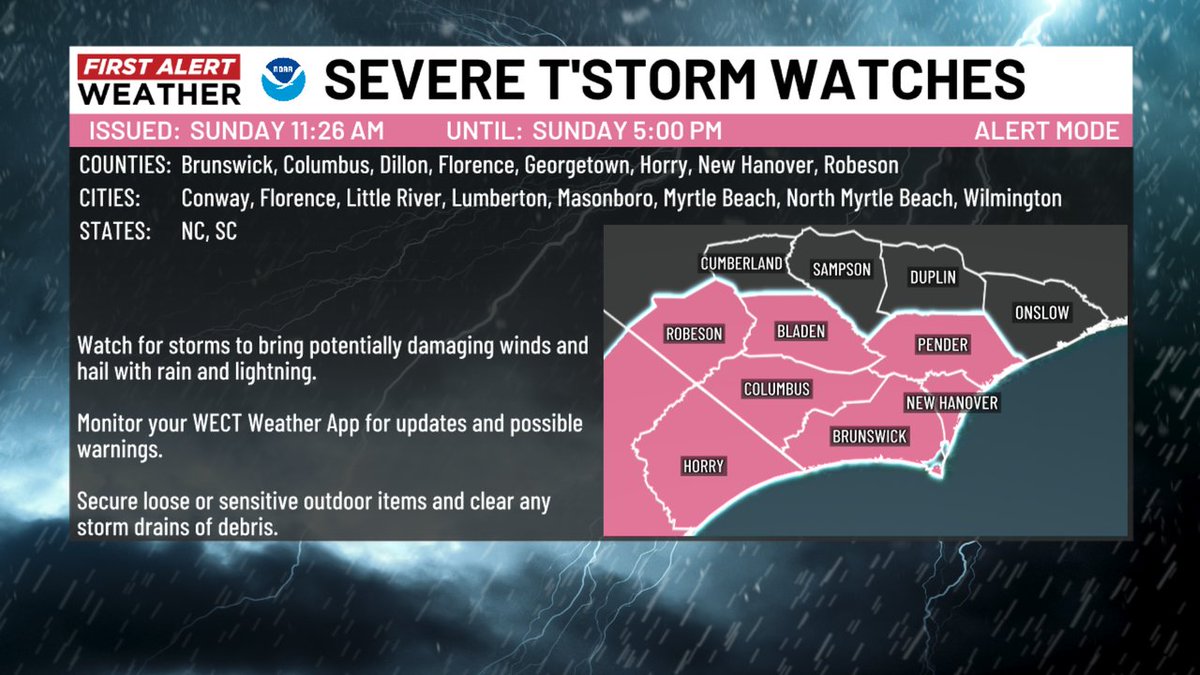 A Severe Thunderstorm Watch is in effect for parts of southeastern NC highlighted below until 6/08 5:00PM. Potential for 58+mph winds and/or 1"+ hail are possible among approaching and developing storms. #WECTwx