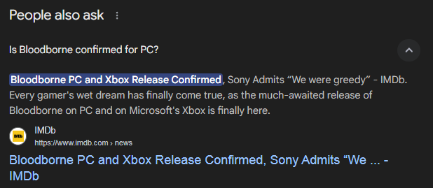 BREAKING: Bloodborne PC and Xbox versions confirmed by IMDb FAQ with no sources

Source: IMDb via Google