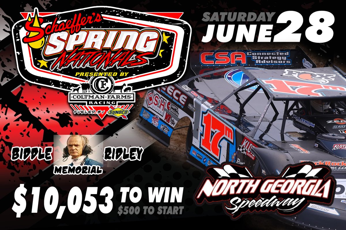 ‼️ 𝐑𝐄𝐒𝐂𝐇𝐄𝐃𝐔𝐋𝐄𝐃 ‼️

The Biddle Ridley Memorial, which was rained-out on May 24, has been rescheduled for 𝐒𝐚𝐭𝐮𝐫𝐝𝐚𝐲, 𝐉𝐮𝐧𝐞 𝟐𝟖 at North Georgia Speedway. The <a href="/SchaefferOil/">Schaeffer Oil</a> Spring Nationals non-point event will shell out a $10,053 payday. More details soon!