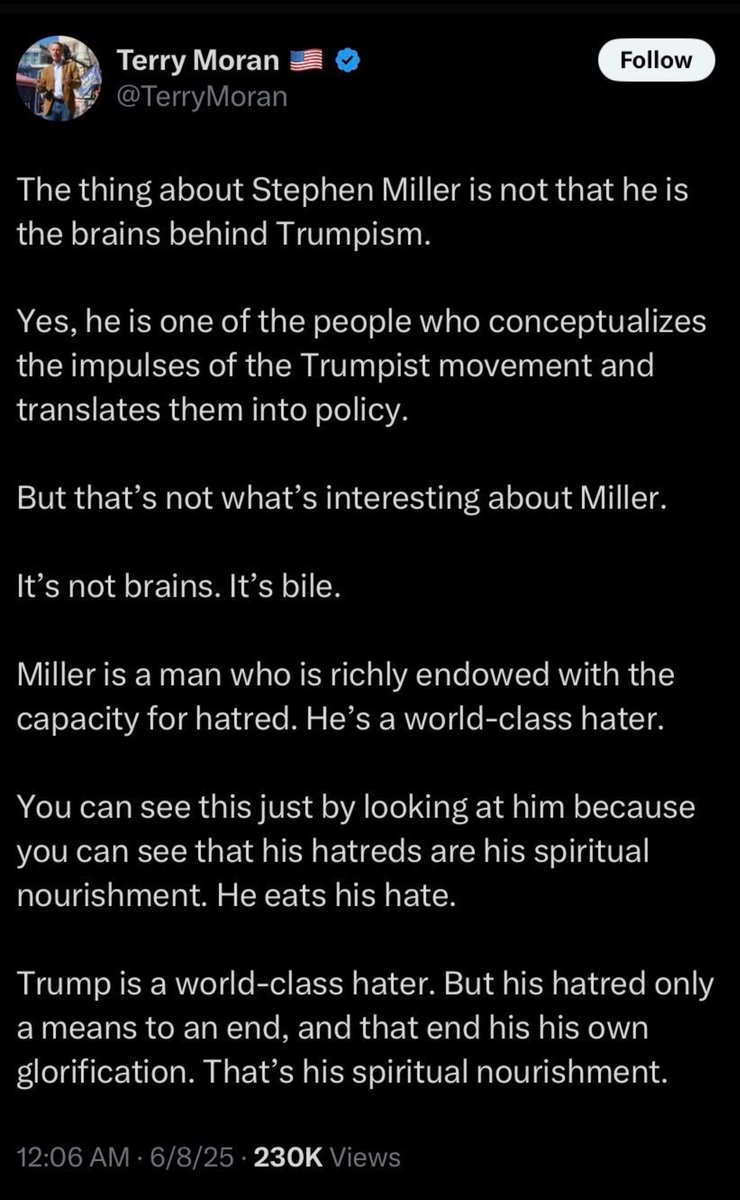In my opinion, Terry Moran went EASY on Stephen Miller. I've seen much worse shit from Hannity, Laura Ingraham, and the rest of the Fox News clowns about people on the left.

Really, save your manufactured mass outrage for people who can't see through the bullshit.

Stephen