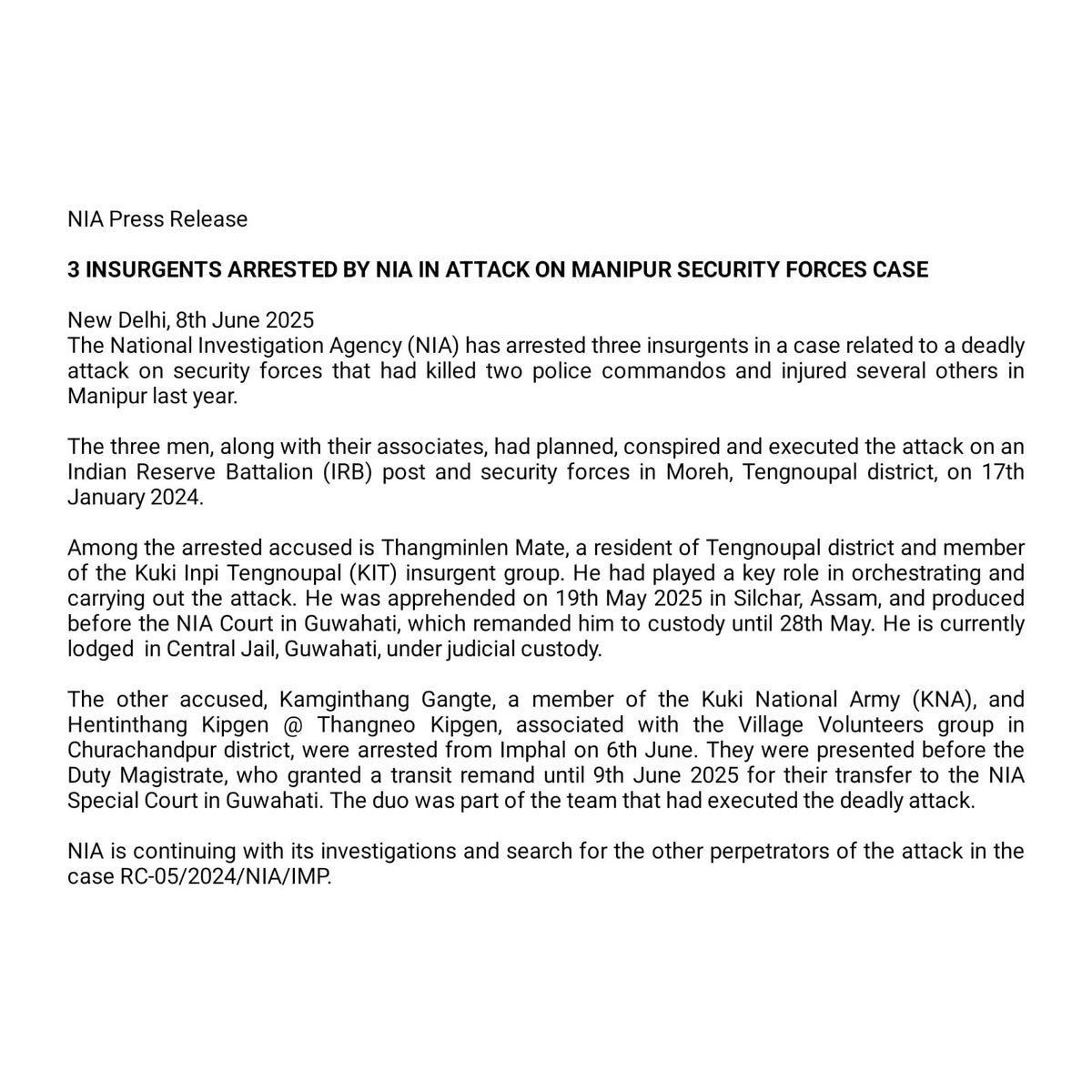 3 Insurgents Arrested by NIA in Attack on Manipur Security Forces Case