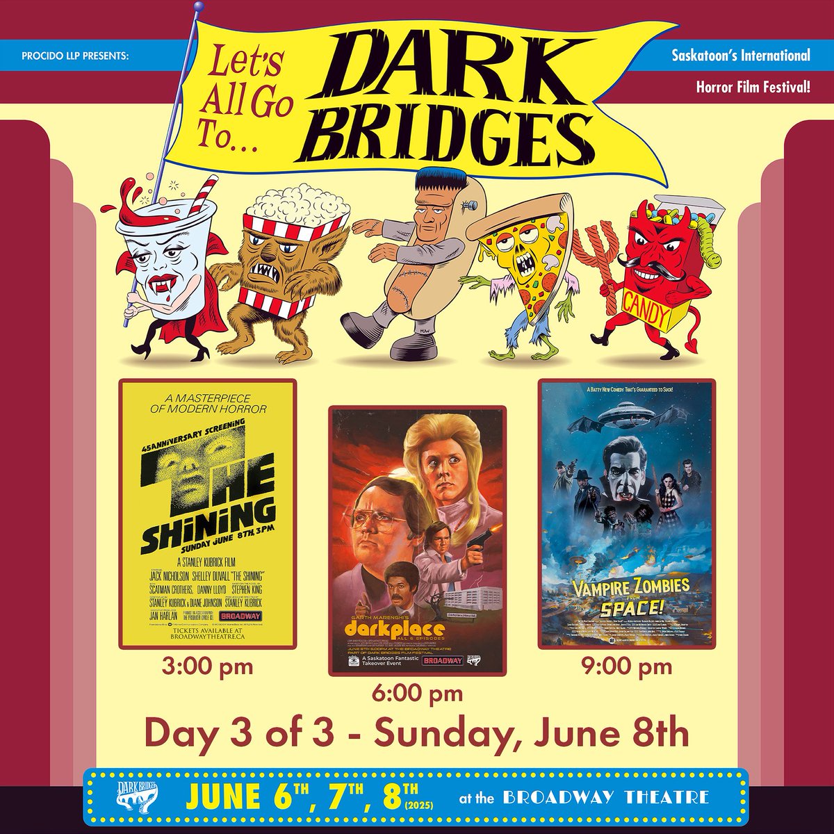 It’s the last day of the fest and we’re going out with a bang!
3pm: The Shining (45th anniversary)
6pm: Garth Marenghi’s Darkplace (full series)
9pm: Vampire Zombies…from Space
And we have a very limited number of t-shirts left—stop by the merch table. 
All at <a href="/bwaytheatre/">Broadway Theatre</a>