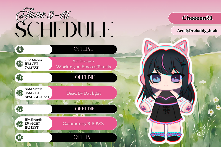 cheeeenb's tweet photo. We got a schedule for this week! 🥰
.
Adorable Plushie art by @Probably_Joob, Please check her out 🩶 
See you~ https://t.co/tQYUnIKT6X
#Vtuber #streamschedule https://t.co/fAyTnfKOiO