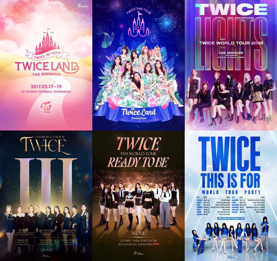 #TWICE tour throughout the years:

— 1st tour “Twiceland: The Opening”
— 2nd tour “Twiceland Zone 2: Fantasy Park”
— 3rd world tour “Twicelights”
— 4th world tour “III”
— 5th world tour “Ready to Be”
— 6th world tour “This is For” 🔜
