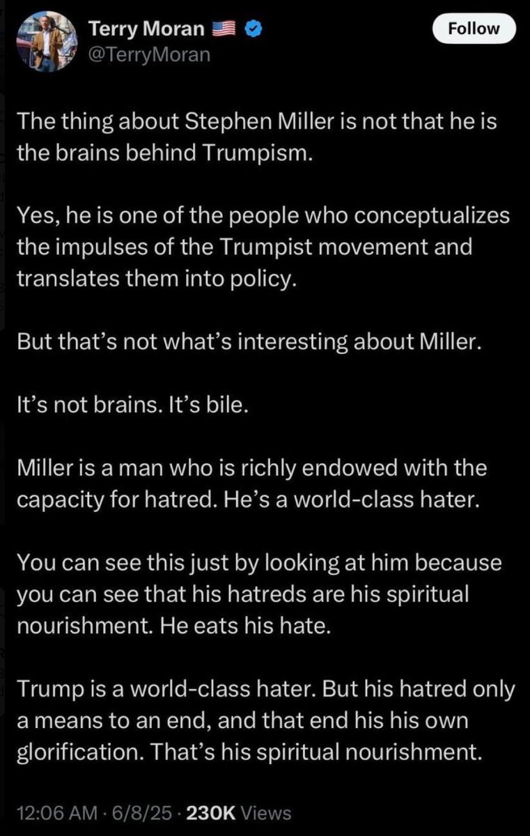 ConservBrief's tweet photo. BREAKING

@ABC has reportedly suspended reporter Terry Moran after posting bizarre, vitriol-filled social media post against President Trump and White House Deputy Chief of Staff Stephen Miller - Moran was most famous for his bombastic interview with Trump back in April.

Source: CNN