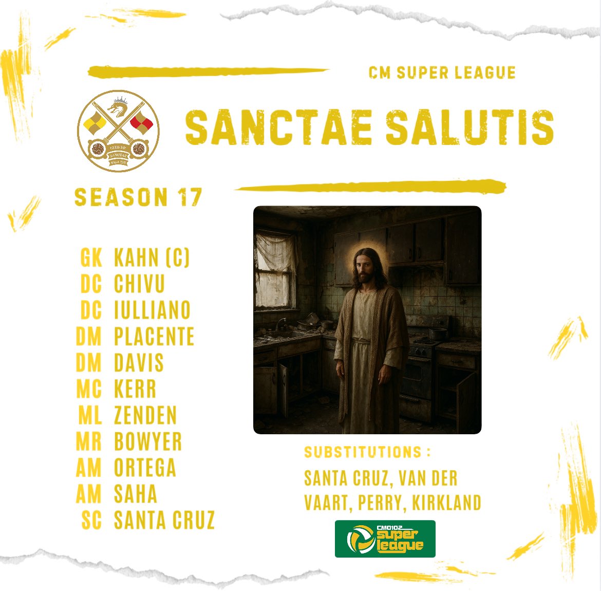Super Sunday in the <a href="/cm0102SL/">CM0102 Super League</a> 👏🏻 We take on The Kitchen Man Dan and his <a href="/FulchesterFC/">Fulchester Football Club</a> side. Here is how we line up. The play-offs are a big ask but not impossible so we carry on pushing like a woman giving birth. 🕊️