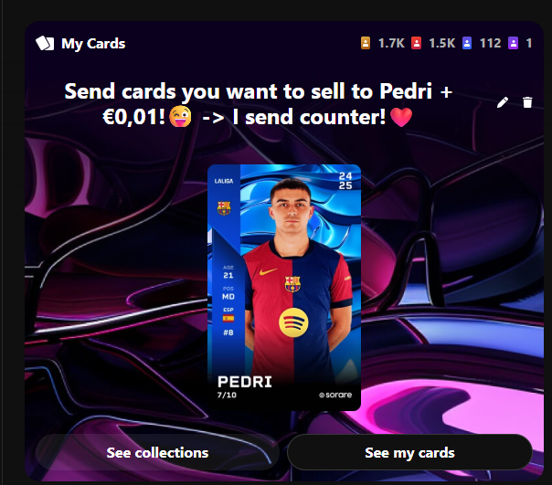Retweet / Like would mean a lot!😊

If you want to sell a bundle or gallery -> DM!📨

I am buying / selling / trading the best limiteds 🟡 , rares  🔴 and superrares  🔵 !🔥

Love to talk to people and make a fantastic deal for both!😊

#sorare #soraretrader