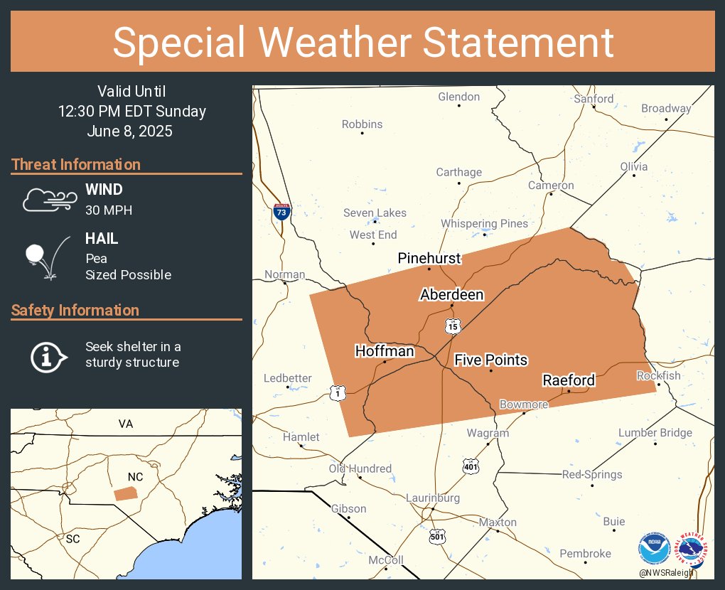 A special weather statement has been issued for Pinehurst NC, Southern Pines NC and  Aberdeen NC until 12:30 PM EDT