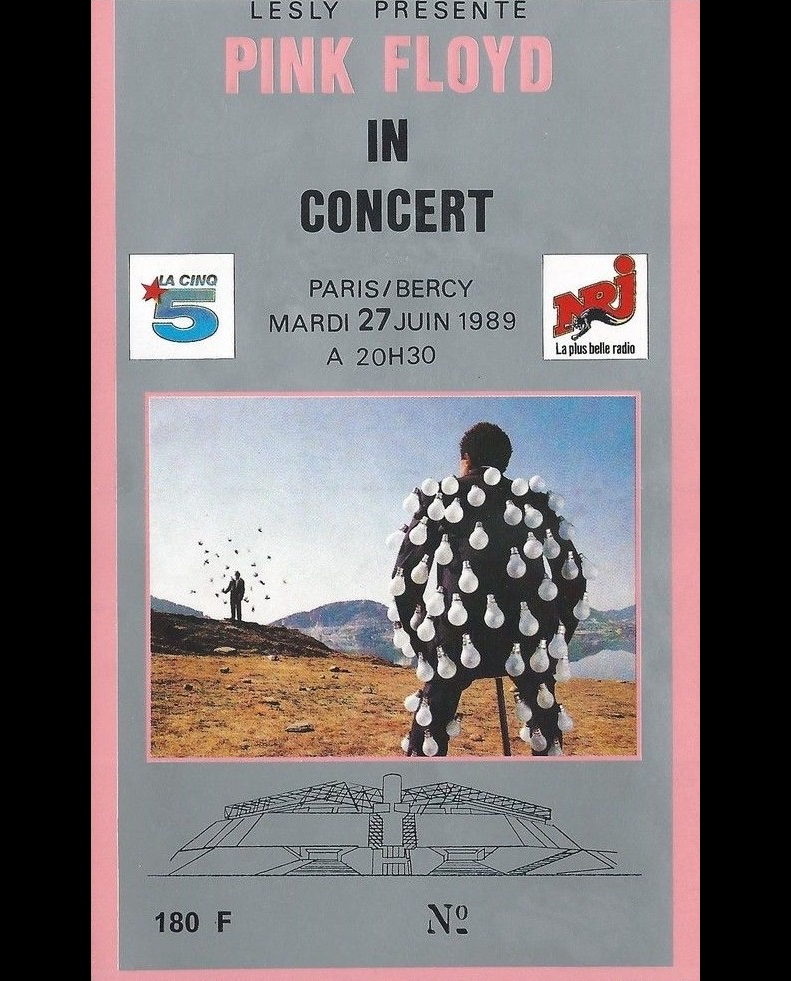 Ticket for the first of five shows in Bercy, Paris, France. The venue is unusual as it has grass on its angled roof, which needs to be regularly trimmed - it opened in 1984, five years prior to the set of Pink Floyd shows, with one of the opening shows being by Roger Waters (who