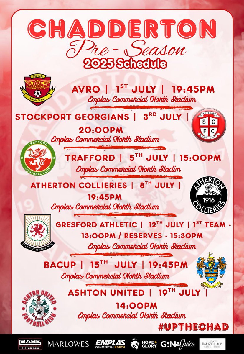 Here’s our updated 2025/26 Pre-Season Schedule 📆

Some great football at the Emplas Commercial North Stadium to look forward to! ⚽️

#UpTheChad