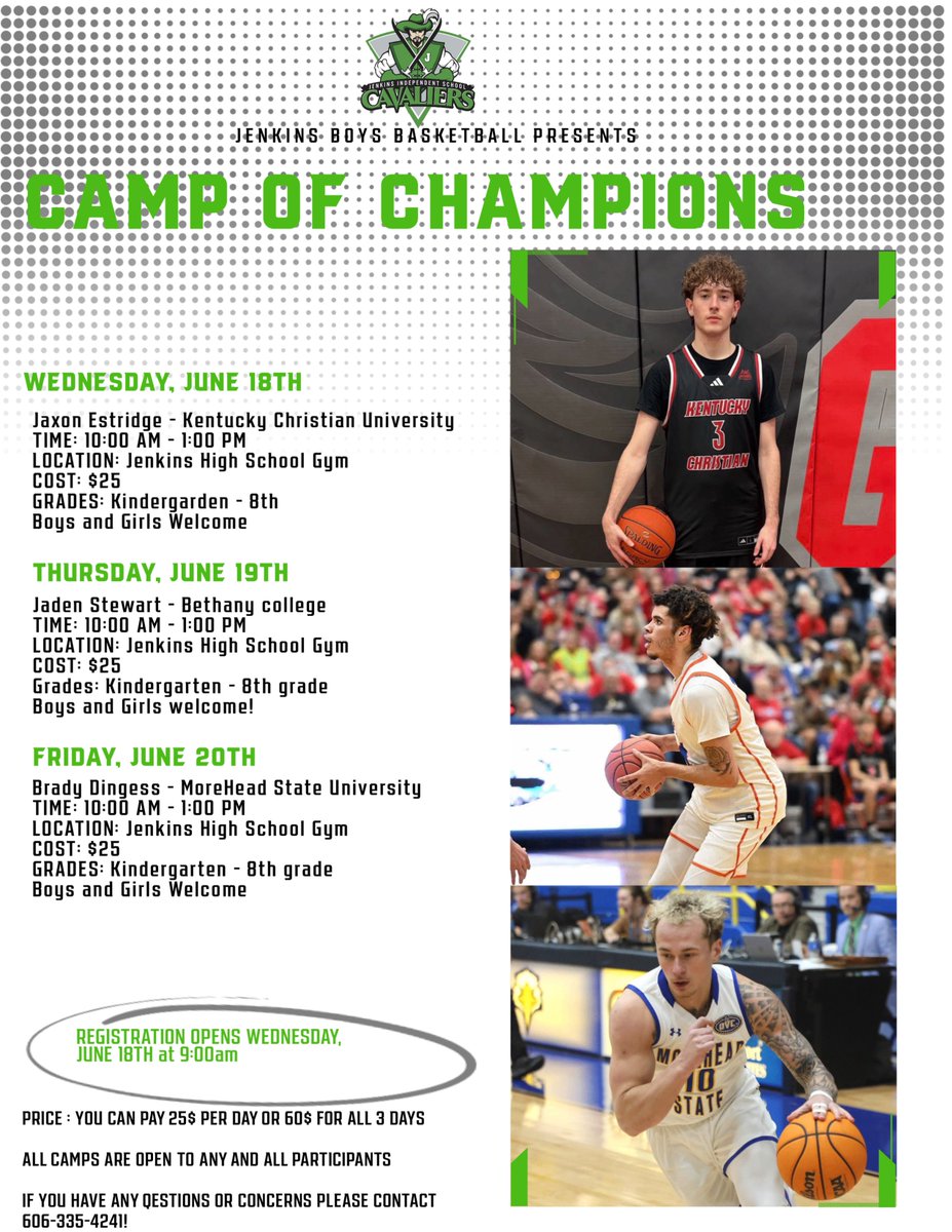 Make sure you get our future ballers signed up for camp! 

Contact Head Middle school boys basketball coach Ethen Cummings if you have any questions! 
⚔️⚔️🟢🏀⚪️⚔️⚔️