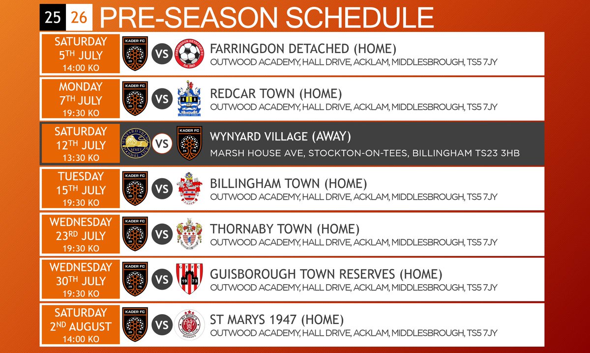 Kader FC Mens First Team (@kadermens) on Twitter photo Pre-Season gets underway this week with our first session on Wednesday as we start to build towards our pre-season games.
<a href="/FarraDetached1/">Farringdon Detached FC</a>
<a href="/redcartownfc/">Redcar Town FC</a>
<a href="/Wynyard_Village/">Wynyard Village FC</a>
<a href="/BillinghamTown/">Billingham Town FC</a>
<a href="/guistownfc/">Guisborough Town F.C.</a>
<a href="/StMarys1947FC/">St Mary's 1947 Dorman’s FC</a>
<a href="/NRFLOfficial/">North Riding League</a> Pre-Season gets underway this week with our first session on Wednesday as we start to build towards our pre-season games.
<a href="/FarraDetached1/">Farringdon Detached FC</a>
<a href="/redcartownfc/">Redcar Town FC</a>
<a href="/Wynyard_Village/">Wynyard Village FC</a>
<a href="/BillinghamTown/">Billingham Town FC</a>
<a href="/guistownfc/">Guisborough Town F.C.</a>
<a href="/StMarys1947FC/">St Mary's 1947 Dorman’s FC</a>
<a href="/NRFLOfficial/">North Riding League</a>