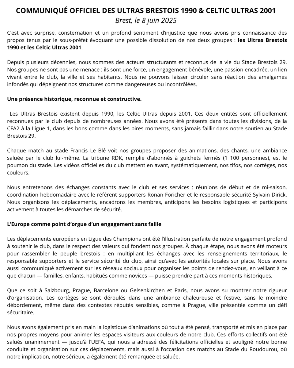 Ub90C's tweet image. [Communiqué officiel des Celtic Ultras 2001 et des Ultras Brestois 1990 du 08/06/2024].