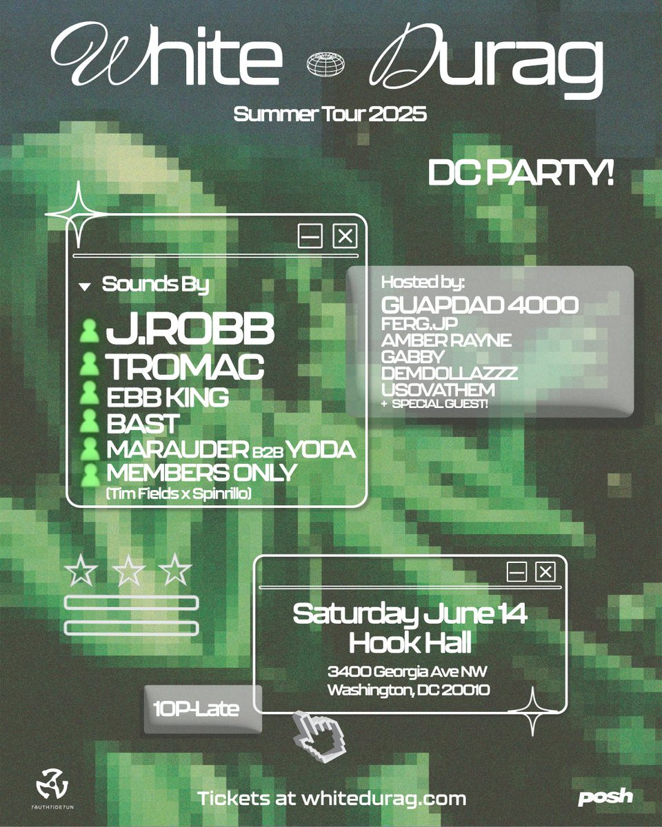 WhiteDurag's tweet photo. 🚨 NEXT SATURDAY 6.14 🚨
WHITE DURAG RETURNS TO D.C.

The wave is back where it started! 🌊
@jrobbdaproducer & @tromac headline a night of Baltimore Club & DMV energy.

Hosted by @guapdad4000 & @ferg_JP 
Hook Hall DC • 10P–3A
Durags at the door 🪩

Tickets → https://t.co/kvaXnncymZ 
#WhiteDuragParty #DCTAKEOVER