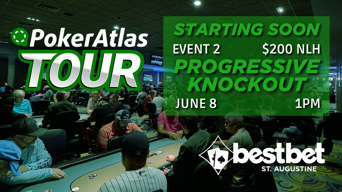 bestbet Poker Room (@bestbet_jax) on Twitter photo STARTING SOON! 🌎 The PokerAtlas Tour continues today at bestbet St. Augustine with Event 2 🥊 $200 NLH Progressive Knockout, starting at 1PM
<a href="/PokerAtlas/">PokerAtlas</a> <a href="/PokerAtlasTour/">PokerAtlasTour</a>
#bestbetSTA #pokeratlas #pokeratlastour #pokertournament #staugustinepoker #pokerlife STARTING SOON! 🌎 The PokerAtlas Tour continues today at bestbet St. Augustine with Event 2 🥊 $200 NLH Progressive Knockout, starting at 1PM
<a href="/PokerAtlas/">PokerAtlas</a> <a href="/PokerAtlasTour/">PokerAtlasTour</a>
#bestbetSTA #pokeratlas #pokeratlastour #pokertournament #staugustinepoker #pokerlife