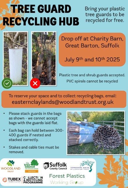 The Suffolk Tree Guard Recycling Hub is back in 2025! ♻️ 

The Woodland Trust are calling on landowners to help tackle plastic pollution in woodlands by collecting their used tree guards to be recycled for FREE

Find out more 👇