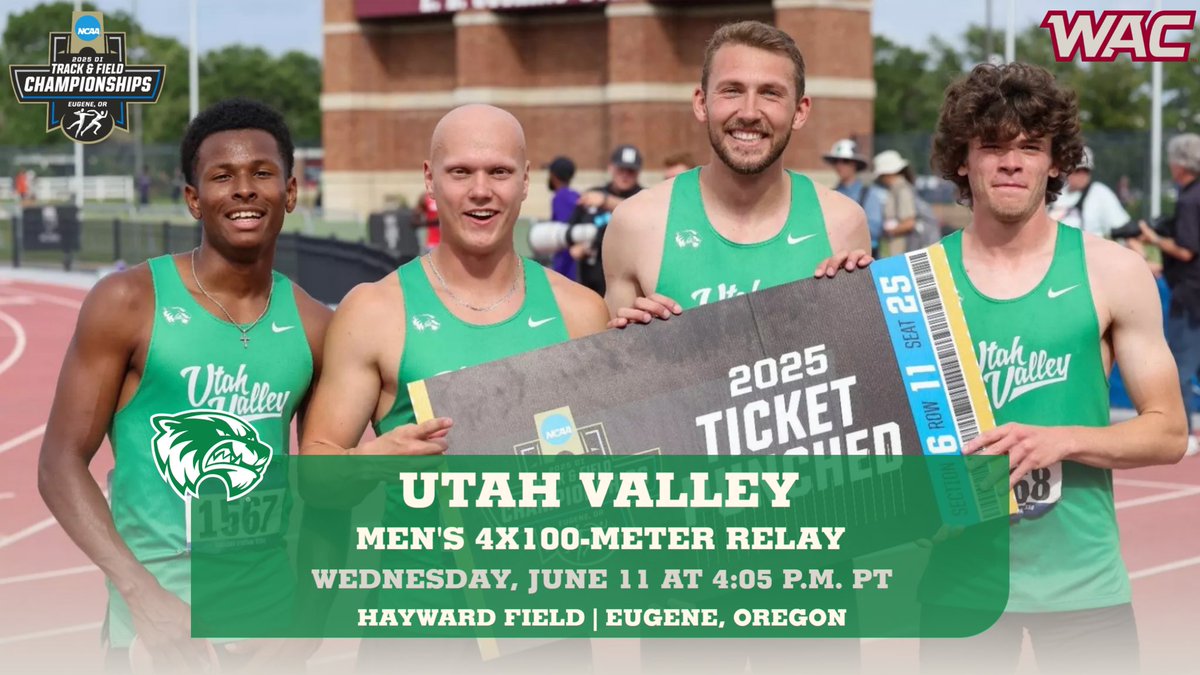 NCAA Championship Bound: Utah Valley Men’s 4x100-Meter Relay Team

The <a href="/UVUtfxc/">UVU Track & Field / XC</a> quartet of Gabe Remy, Kade Thompson, Cameron Franklin and Gavin Stafford punched their ticket to Eugene after posting a school-record time of 39.13 seconds for the eighth best placement in the West