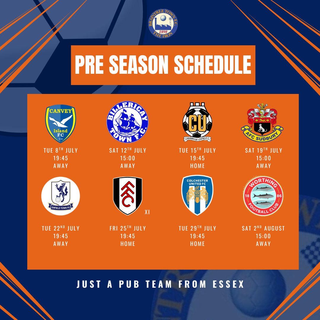 Braintree Town FC (@braintreetownfc) on Twitter photo NEW DATE ADDED!
The Iron cross the Essex border and head to Suffolk to face <a href="/AFCSudbury/">AFC Sudbury</a> as we make it eight Pre-Season games for the 25/26 season!
#IronArmy #PubTeamFromEssex NEW DATE ADDED!
The Iron cross the Essex border and head to Suffolk to face <a href="/AFCSudbury/">AFC Sudbury</a> as we make it eight Pre-Season games for the 25/26 season!
#IronArmy #PubTeamFromEssex
