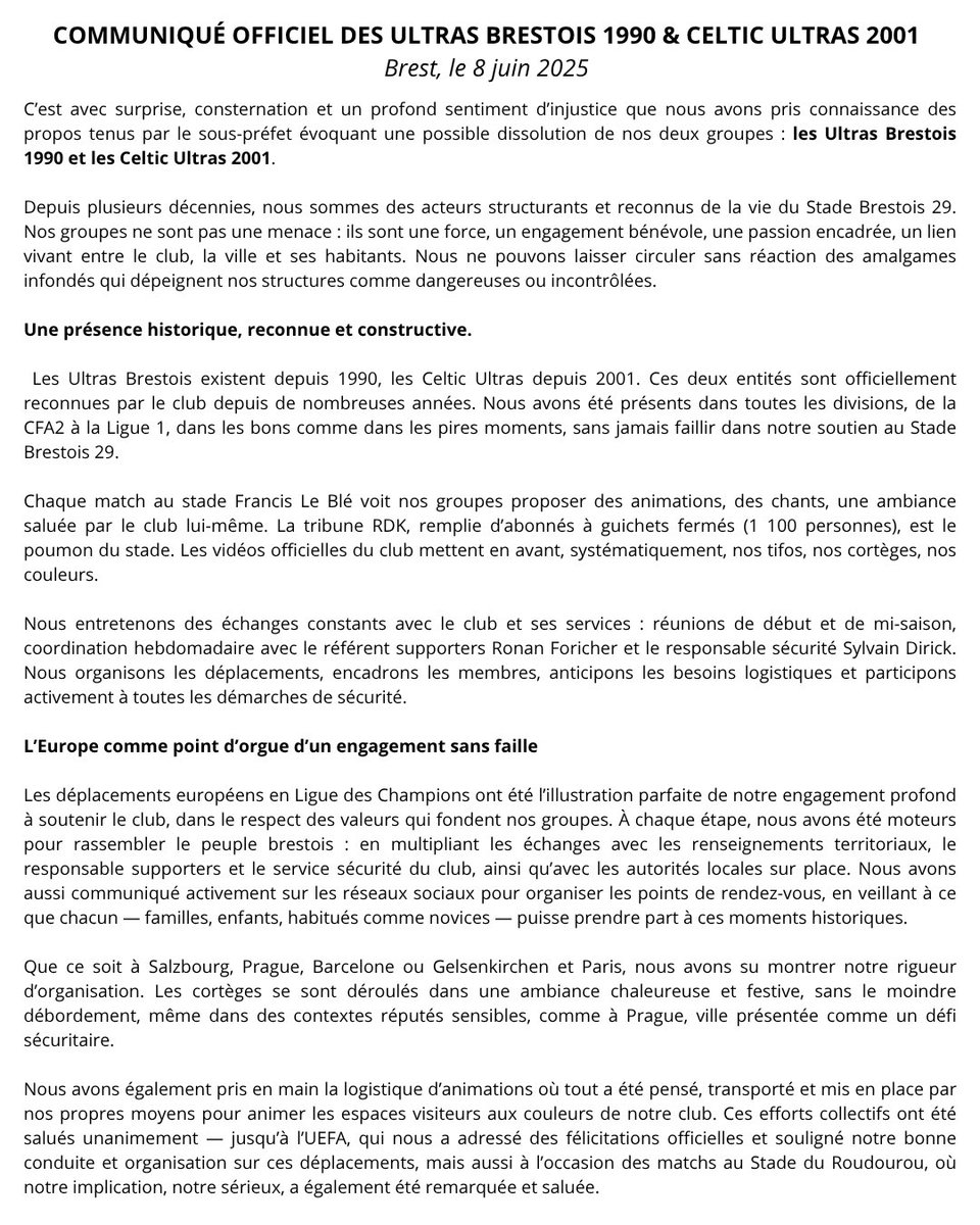CelticUltras's tweet image. [Communiqué officiel des Celtic Ultras 2001 et des Ultras Brestois 1990 du 08/06/2024] :