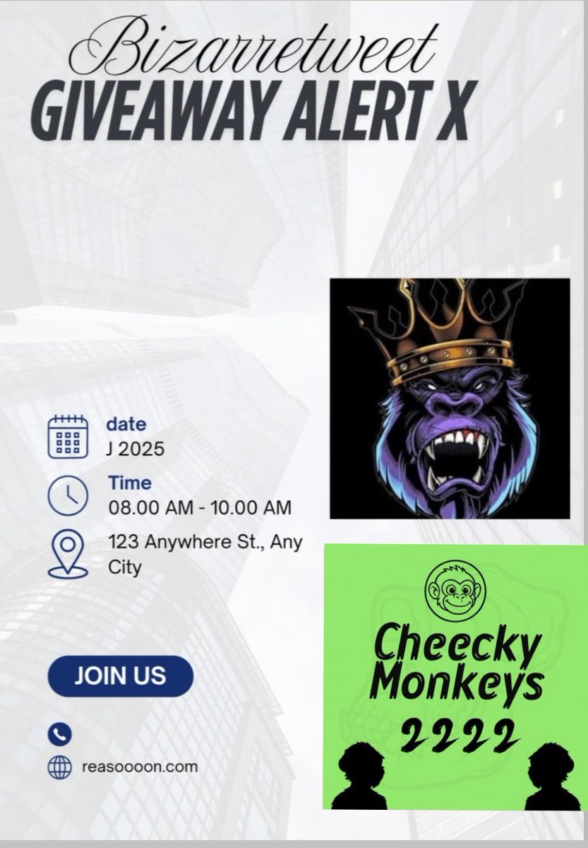 Bizarre tweet (@bizarretweet) on Twitter photo 🚨🚨🚨 Giveaway Alert X 🚨🚨🚨
✅ Follow <a href="/Bizarretweet/">Bizarre tweet</a> & <a href="/Cheeky_monkets/">Cheeky Monkets</a>
✅ Repost , Like
x.com/Cheeky_monkets…
✅ tag 3 friends
Winners will be selected in 24 Hours. 🚨🚨🚨 Giveaway Alert X 🚨🚨🚨
✅ Follow <a href="/Bizarretweet/">Bizarre tweet</a> & <a href="/Cheeky_monkets/">Cheeky Monkets</a>
✅ Repost , Like
x.com/Cheeky_monkets…
✅ tag 3 friends
Winners will be selected in 24 Hours.