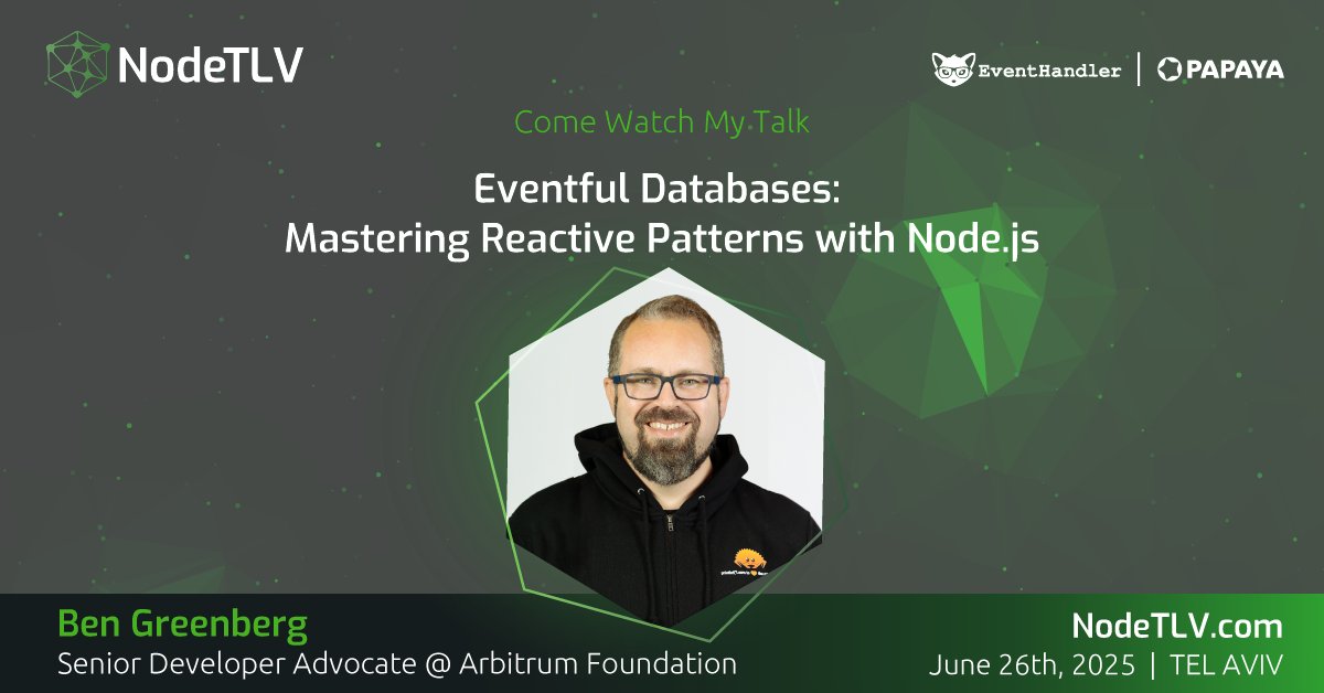 NodeTLV's tweet image. We are proud to announce that Ben Greenberg, Senior Developer Advocate at Arbitrum Foundation, will be speaking at #NodeTLV '25!
Want to learn more?
Check out all the details at ๐ NodeTLV.com