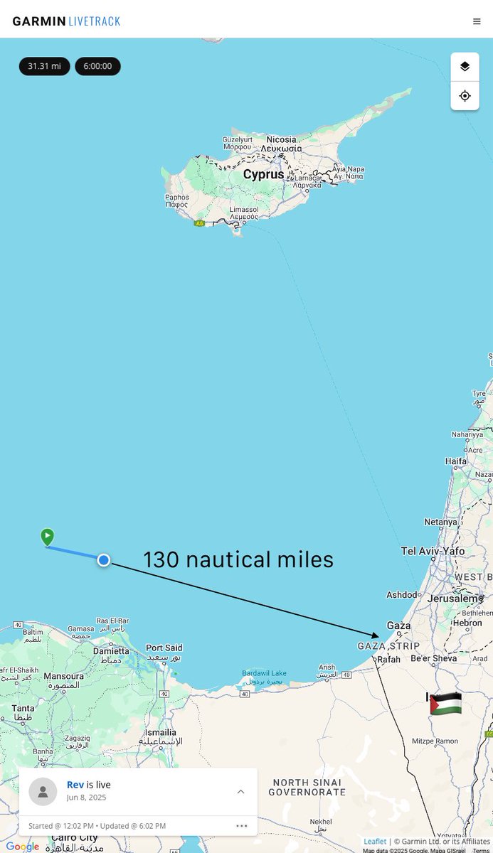 📍⛵️Madleen location

 19h00 Cairo time, 130 nautical miles from Gaza.

live.garmin.com/session/b2e088…