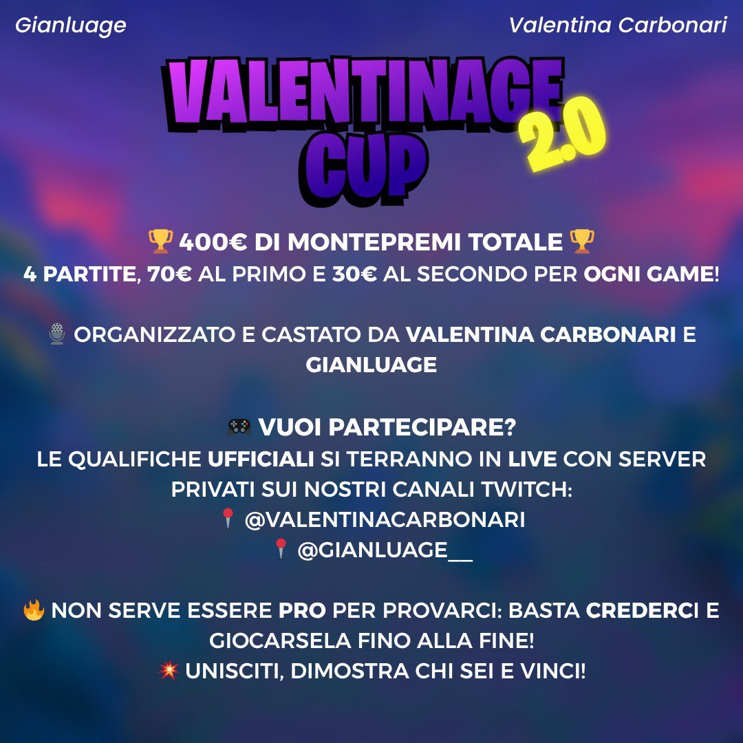 🔥 TORNEO FORTNITE - SOLO VICTORY CUP 🔥
🏆 400€ di montepremi totale – 4 partite, 70€ al primo e 30€ al secondo per ogni game!
👉 Le qualifiche ufficiali si terranno in live con server privati sui nostri canali Twitch:
📍 @valentinacarbonari
📍 @Gianluage__
20 inviti partono