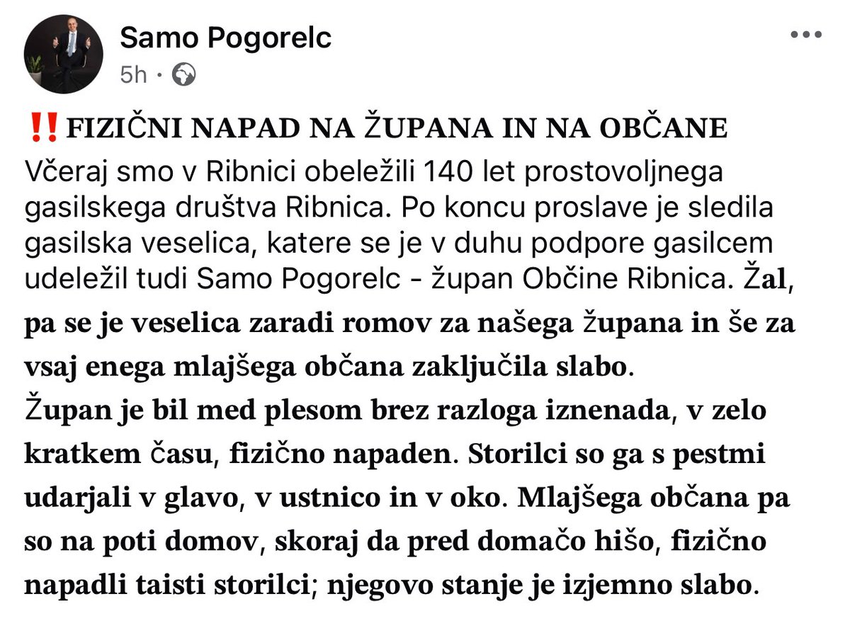 .<a href="/DemokratiSLO/">Demokrati</a> ostro obsojamo napad na župana Ribnice in ostale na dogodku v Ribnici.

Včerajšnji incident potrjuje, da nas na področju zagotavljanja varnosti v državi lahko resnično skrbi. To ni bil le napad na posameznike (med njimi tudi srednješolec) – to je napad na red in