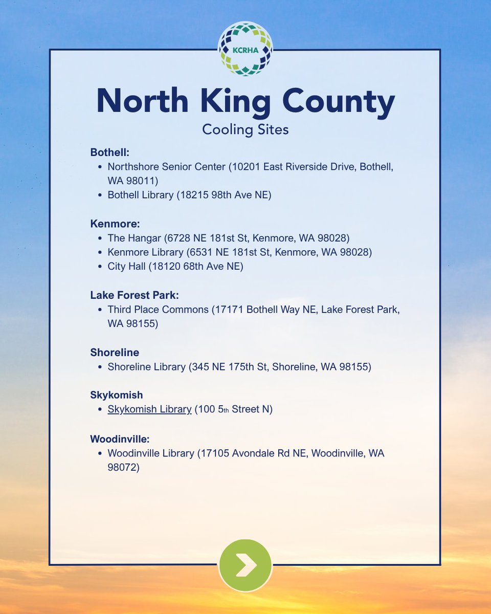 With Tier 2 activation for elevated temperatures today and tomorrow, here are the cooling sites and resources for our area. For Seattle and North King County: kcrha.org/severe-weather