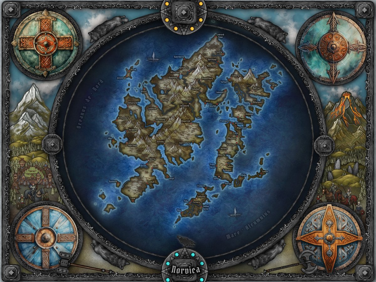 Norvica.  Inspired by Northern/Viking type lands. All done with <a href="/inkarnaterpg/">Inkarnate</a> apart from the shield designs which were imported art assets.  
#mapmaking #worldbuilding  #fantasymaps #ttprg  #DnD5e